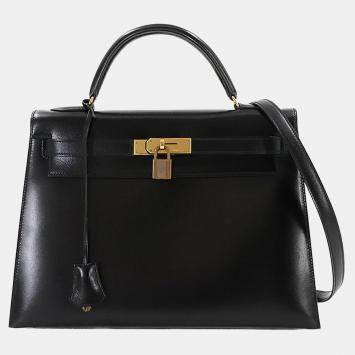 مملوكة مسبقًا Hermes Kelly 32 Box Calf Black Shoulder Bag