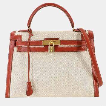 Pre Owned Hermes Kelly 32 Toile H Swift Shoulder Bag Natural Brick