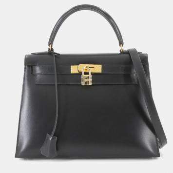 Pre Owned Hermes Kelly 28 Shoulder Bag Black Box Calf Leather
