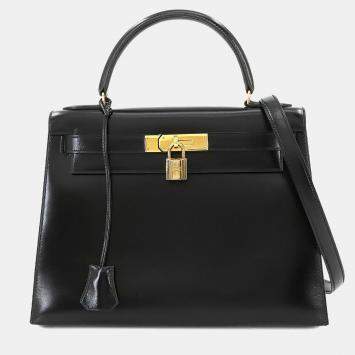 Pre Owned Hermes Black Box Calf Leather Kelly 28 Shoulder Bag