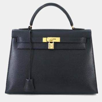 Pre Owned Hermes Kelly 32 Shoulder Bag Couchvel Epsom Blue Indigo
