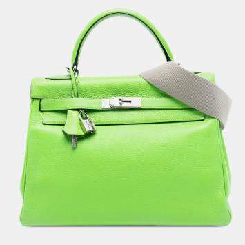 Pre Owned Hermes Kelly II Retourne 32 Green Clemence Bag