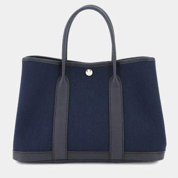 مملوكة مسبقًا Hermes Toile Militaire Leather Blue Marine Navy Garden Party Tote TPM