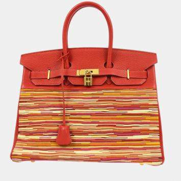 Pre Owned Hermes Birkin 35 Red Vibrato Calfskin Leather Top Handle Bag