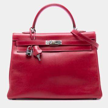 Pre Owned Hermes Rouge Garance / Rose Tyrien Box Calf Verso Kelly II Retourne 35