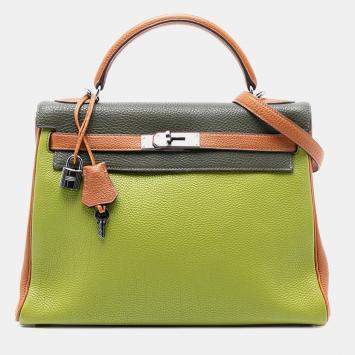 Pre Owned Hermes Vert Anis, Vert Olive, Gold Tricolor Togo Kelly II Retourne 32
