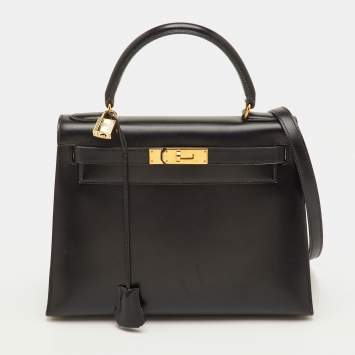 مملوكة مسبقًا Hermes Kelly Sellier 28 Gold Finish Noir Box Leather Top Handle Bag