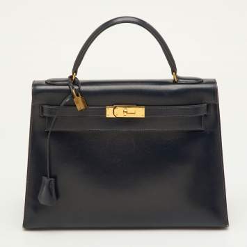 مملوكة مسبقًا Hermes Kelly Sellier 32 Blue Nuit Box Leather Gold Finish Top Handle Bag