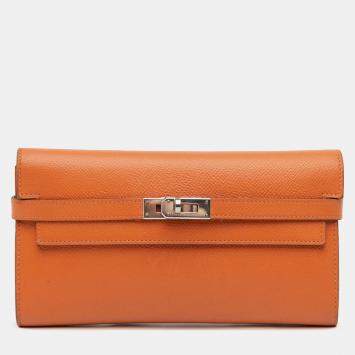 Pre Owned Hermes Orange Epsom Kelly Longue Wallet