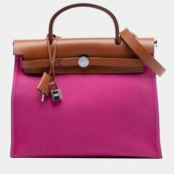Pre Owned Hermes Brown Pink Toile Herbag Zip 31