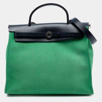 Pre Owned Hermes Blue Green Toile Herbag Zip 31