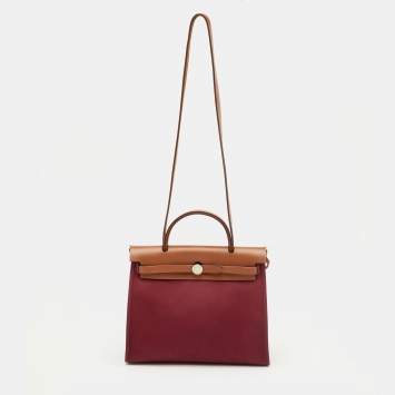 Pre Owned Hermes Herbag Zip 31 Ruby/Fauve Toile and Vache Hunter Top Handle Bag