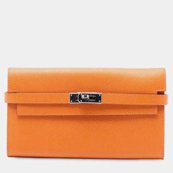 مملوكة مسبقًا Hermes Orange Epsom Kelly Trifold Long Wallet
