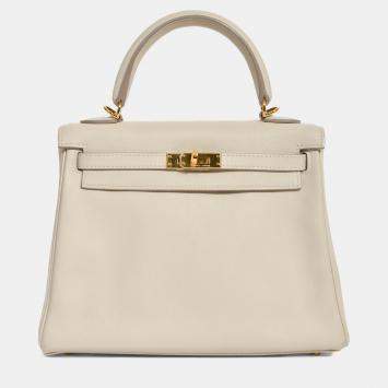 Pre Owned Hermes 2009 Cream Swift Leather Kelly Retourne 25 Top Handle GHW