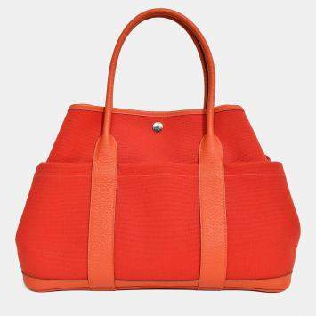 Pre Owned Hermes 2016 Red Canvas/Leather Garden Party Pocket 36 Tote Bag with Strap