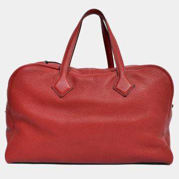 Pre Owned Hermes 2014 Burgundy Clemence 'Victoria 43' Weekender Tote with Luggage Tag