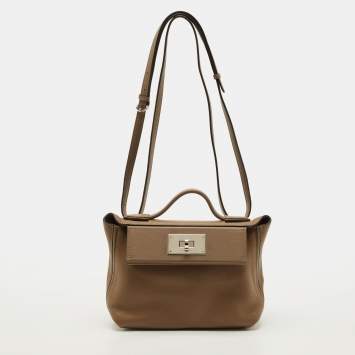 Pre Owned Hermes 24/24 21 Palladium Finish Beige de Weimar Evercolor and Swift Leather Top Handle Bag