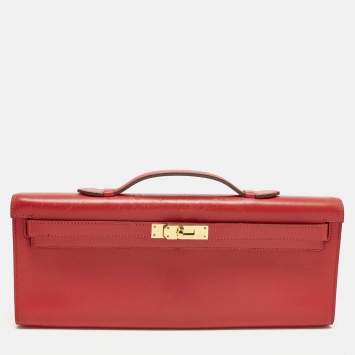 Pre Owned Hermes Kelly Cut Gold Finish Rouge Vif Tadelakt Leather Clutch
