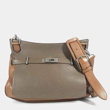 Pre Owned Hermes Gypsiere 34 Two-Tone Crossbody Flap Shoulder Bag In Taurillon Clemence Leather  Etoupe Gold  Gray And Brown