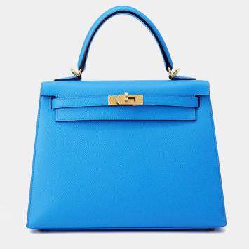Pre Owned Hermes Kelly Sellier 25 Blue Frida Epsom Calfskin Leather Top Handle Bag
