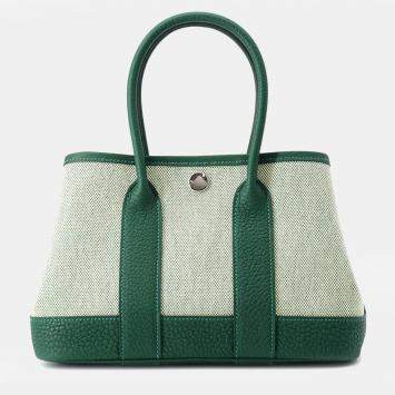 Pre Owned Hermes Neo Garden 23 Beige Green Negonda Calfskin Leather Toile H Canvas Top Handle Bag