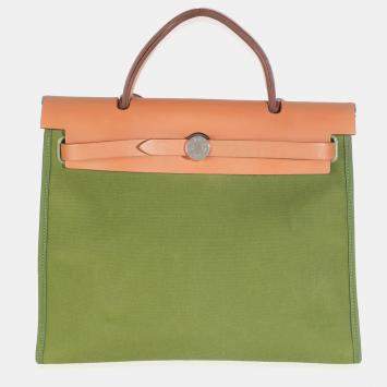 Pre Owned HermÃ¨s Apple Green Vache Hunter Toile Herbag Zip 31 PHW