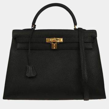 Pre Owned Hermes Kelly Sellier 35 Black Ardennes Leather Top Handle Bag