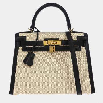 Pre Owned Hermes Beige Black Toile H Box Calf Kelly 28 Sellier 2way Handbag