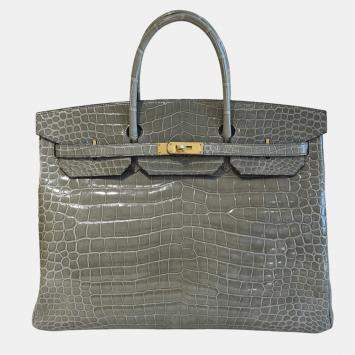 Pre Owned Hermes Birkin 40 Shiny Crocodile Gris Tourterelle with Gold Hardware