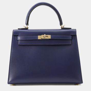 Pre Owned Hermes Kelly Sellier Blue Abysse Tadelakt Leather Size 25