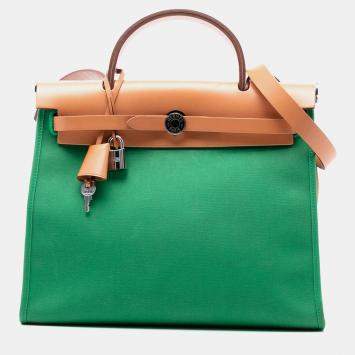 مملوكة مسبقًا Hermes Brown Green Toile Herbag Zip 31