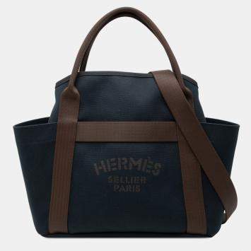 Pre Owned Hermes Blue Brown Toile Sac de Pansage Grooming Bag