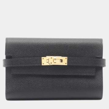 مملوكة مسبقًا محفظة هيرمس كيلي ثلاثية الطي جلد إبسوم سوداء متوسطة