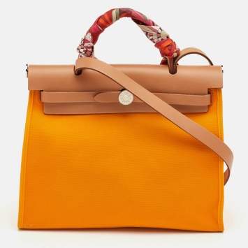 Pre Owned Hermes Herbag Zip 31 Jaune d'Or/Natural Toile and Vache Hunter Top Handle Bag