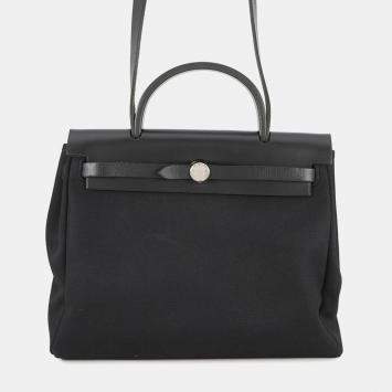 Pre Owned Hermes Herbag Black Toile Officier Vache Hunter Leather Size Pm