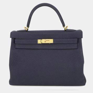 Pre Owned Hermes Kelly Retourne Blue Nuit Togo Leather Size 32