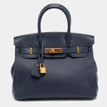 Pre Owned Hermès Birkin 30 Gold Finish Bleu Nuit Togo Leather Tote