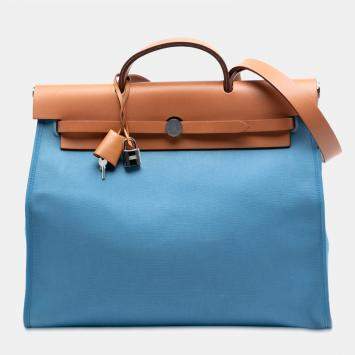 Pre Owned Hermes Blue, Brown Toile Herbag Zip 39