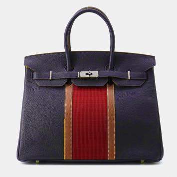 Pre Owned Hermes Birkin Club Blue Indigo/Rouge Casaque/Fauve Fjord Leather Barenia Leather Ottoman Size 35