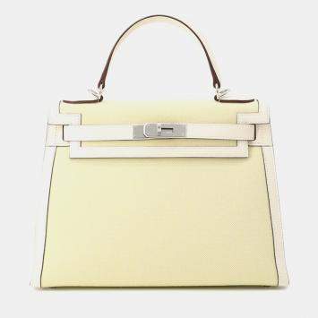 Pre Owned Hermes Kelly Sellier Nata / Jaune Citron Toile H Swift Leather Size 28