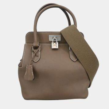 Pre Owned Hermes Etoupe Gray Veau Evercalf Toolbox 26 2way Handbag