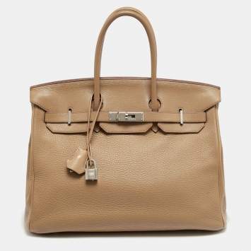 Pre Owned Hermes Birkin 35 Palladium Finish Tabac Camel Taurillon Clemence Leather Tote