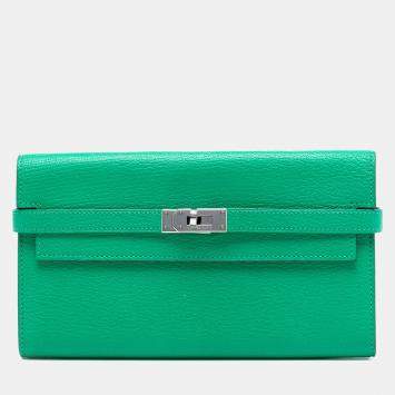 Pre Owned محفظة هيرمس كيلي لونج جلد شيفر أخضر ميسور
