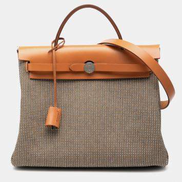 Pre Owned Hermes Black Brown Toile Criss Viking Vache Hunter Herbag Zip 31