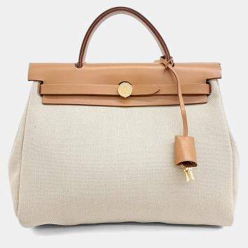 مملوكة مسبقًا Hermes Beige Brown Canvas and Leather NEW ZIP Herbag Small