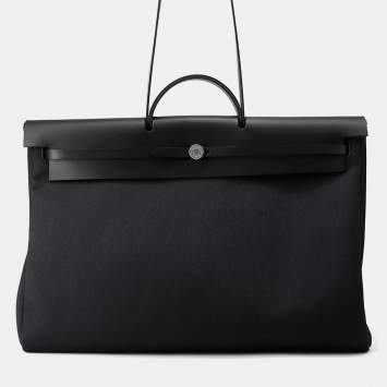 Pre Owned Hermes Herbag Zip Black Toile Military Vache Hunter Leather Size Gm