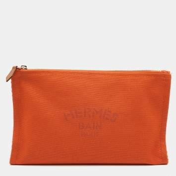 مملوكة مسبقًا Hermes Yachting PM Flat Orange Toile Canvas Pouch Clutch Bag