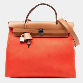 Pre Owned Hermes Brown Orange Toile Herbag Zip 31
