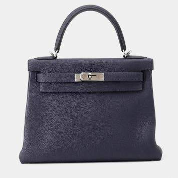 Pre Owned Hermes Kelly Retourne Blue Nuit Togo Leather Size 28