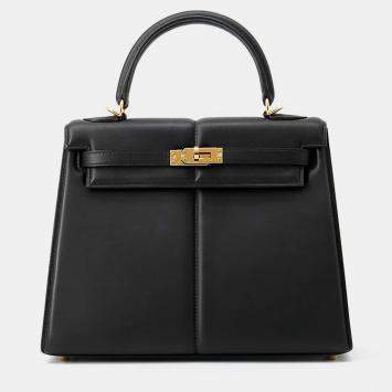Pre Owned Hermes Kelly Padded Sellier Black Swift Leather Size 25